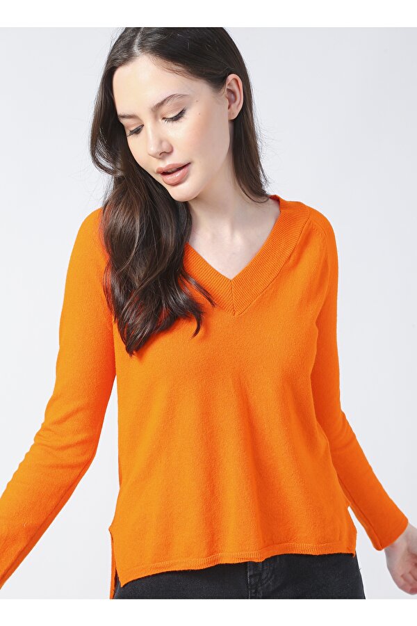V Yaka Basic Düz Turuncu Kazak Kadın 20295