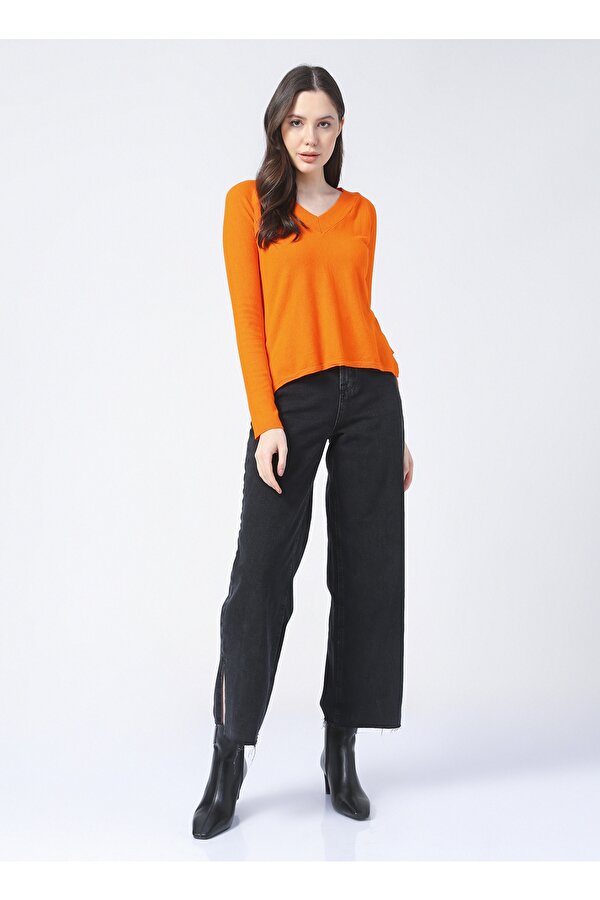 V Yaka Basic Düz Turuncu Kazak Kadın 20295