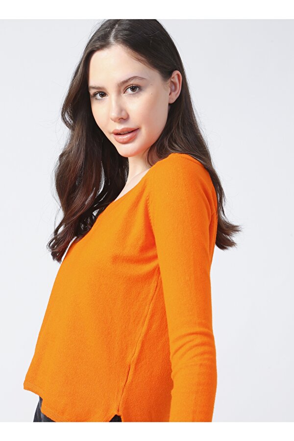 V Yaka Basic Düz Turuncu Kazak Kadın 20295