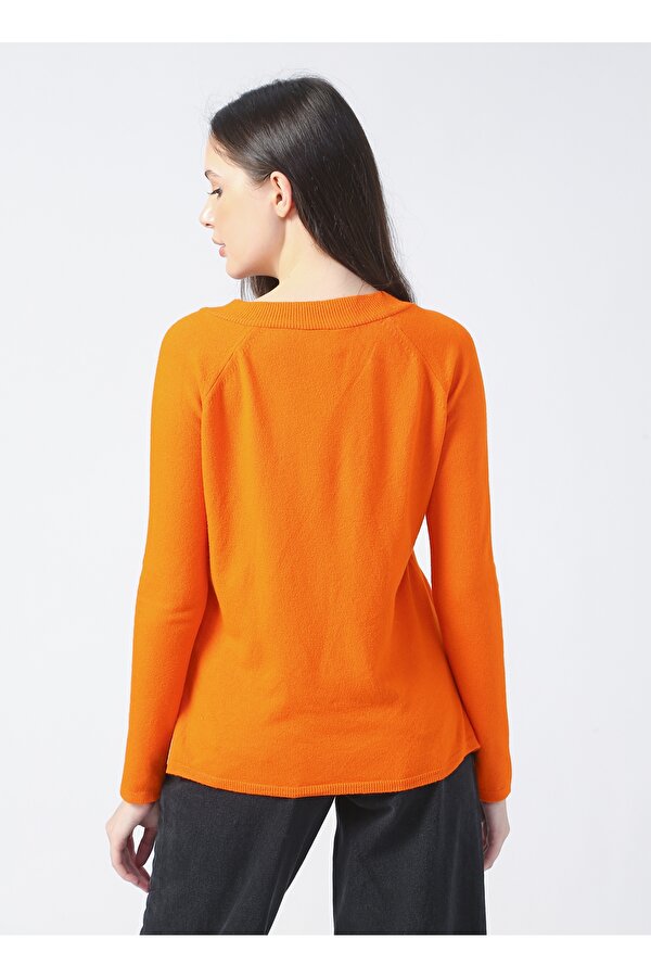V Yaka Basic Düz Turuncu Kazak Kadın 20295