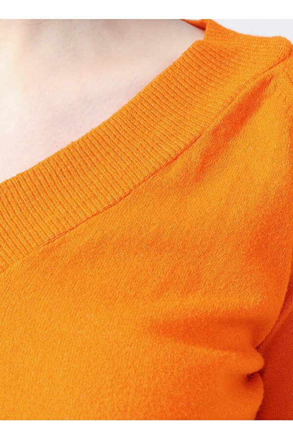 V Yaka Basic Düz Turuncu Kazak Kadın 20295