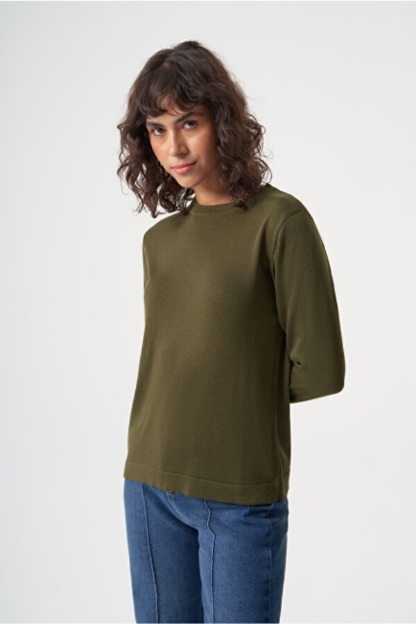 Yuvarlak Yaka Basic Haki Triko Kazak