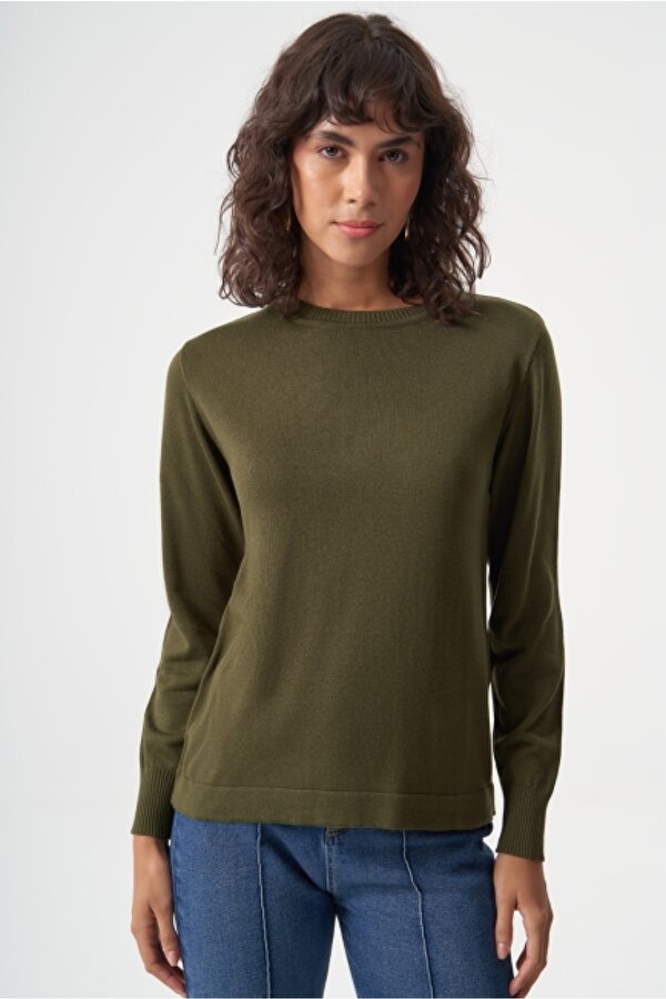 Yuvarlak Yaka Basic Haki Triko Kazak