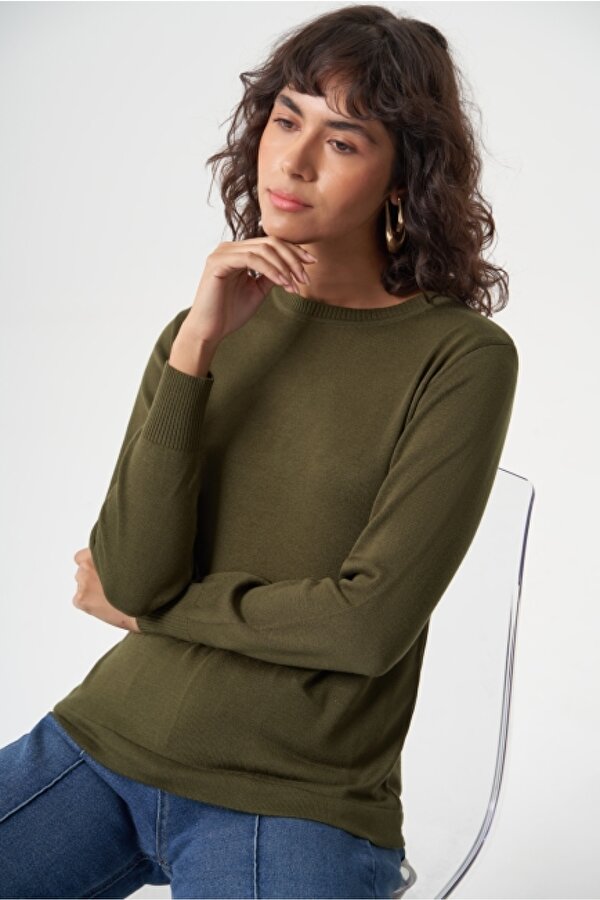Yuvarlak Yaka Basic Haki Triko Kazak