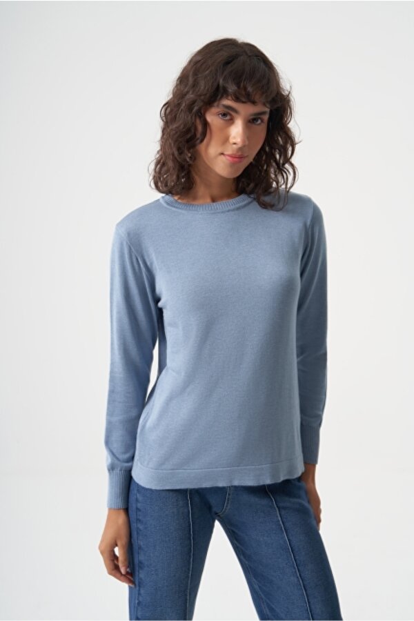 Yuvarlak Yaka Basic Açık Mavi Triko Kazak