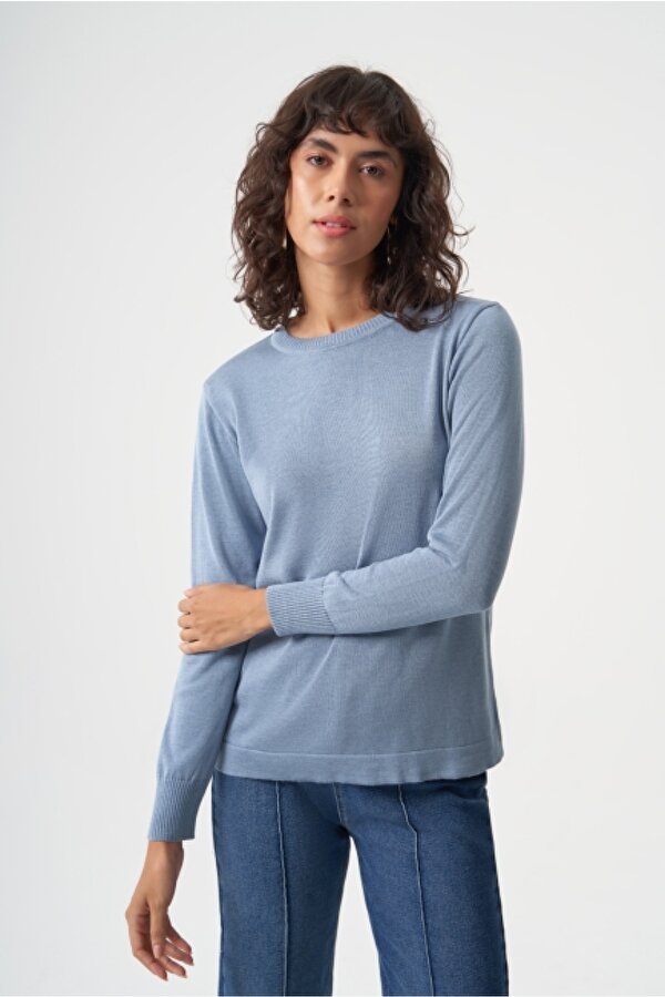 Yuvarlak Yaka Basic Açık Mavi Triko Kazak