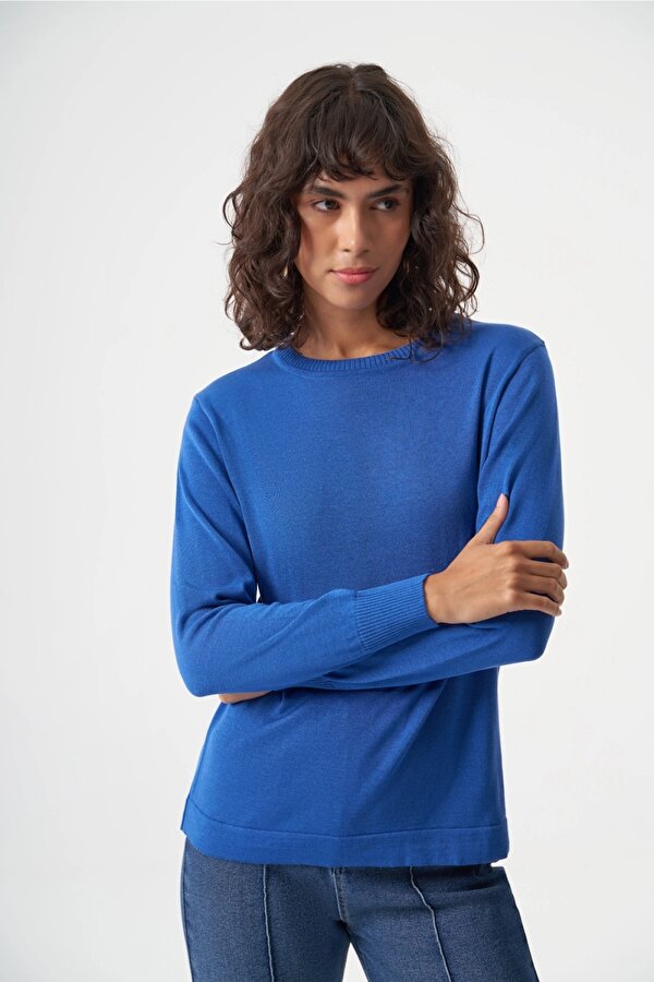 Yuvarlak Yaka Basic Saks Mavisi Triko Kazak