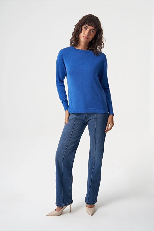 Yuvarlak Yaka Basic Saks Mavisi Triko Kazak