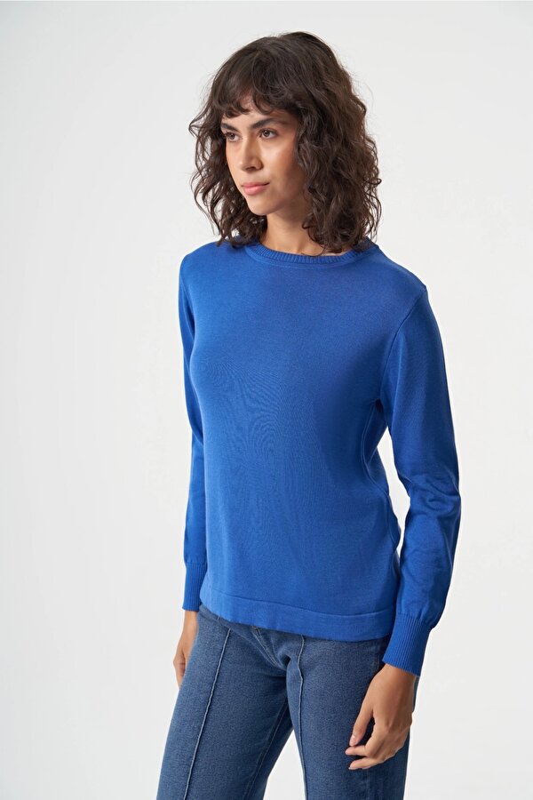 Yuvarlak Yaka Basic Saks Mavisi Triko Kazak