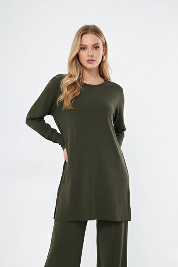 Yuvarlak Yaka Haki Uzun Triko Tunik