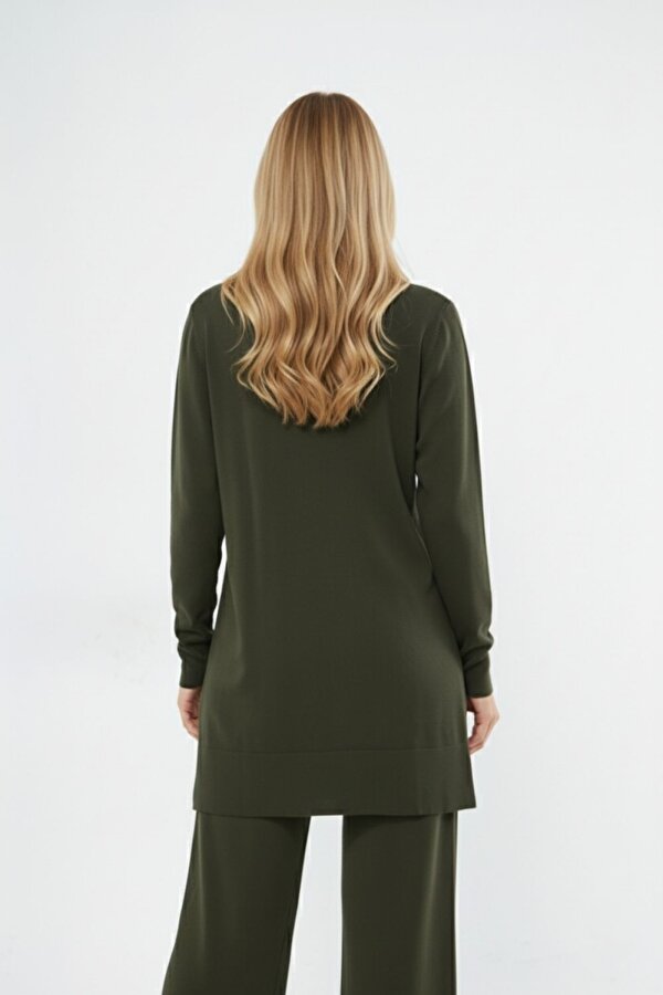 Yuvarlak Yaka Haki Uzun Triko Tunik