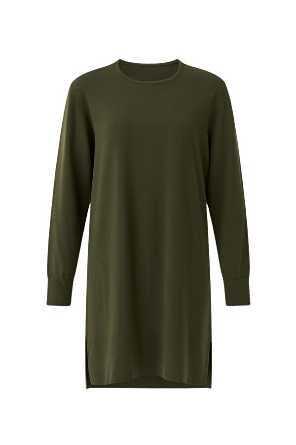 Yuvarlak Yaka Haki Uzun Triko Tunik