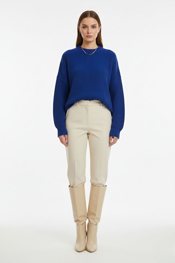 Ekstra Oversize Düşük Kollu Selanik Örgü Saks Mavi Kazak