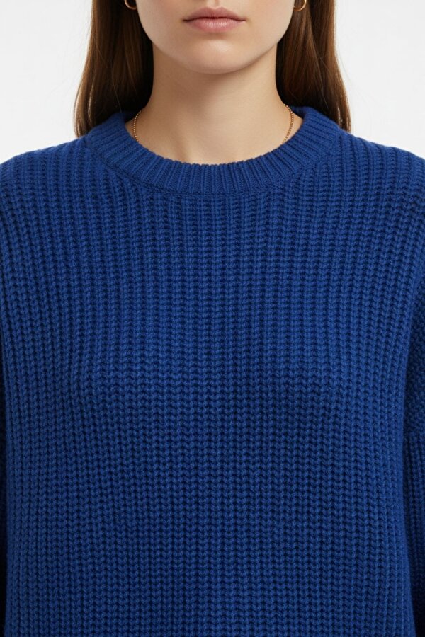 Ekstra Oversize Düşük Kollu Selanik Örgü Saks Mavi Kazak