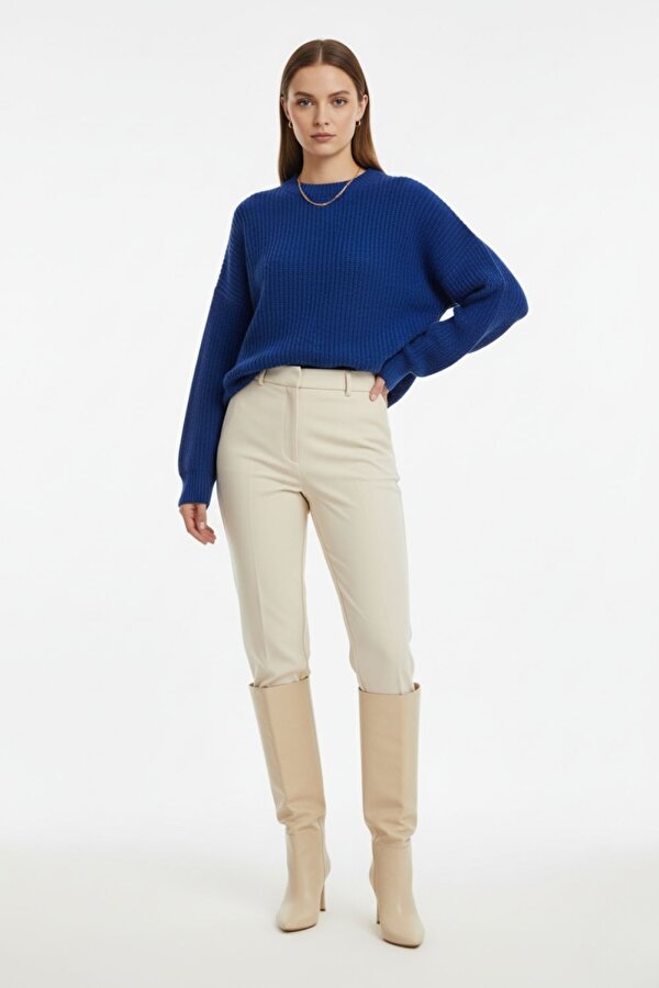 Ekstra Oversize Düşük Kollu Selanik Örgü Saks Mavi Kazak