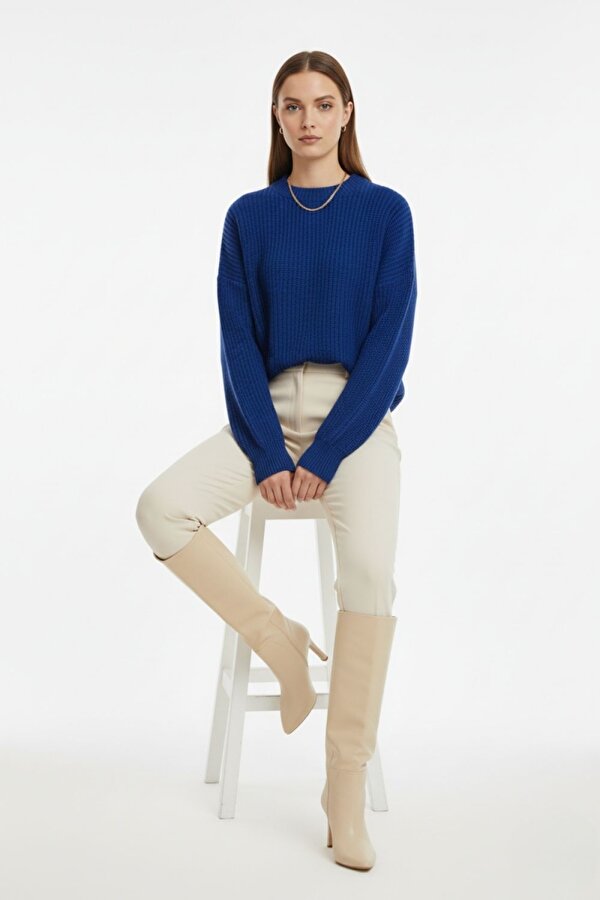 Ekstra Oversize Düşük Kollu Selanik Örgü Saks Mavi Kazak