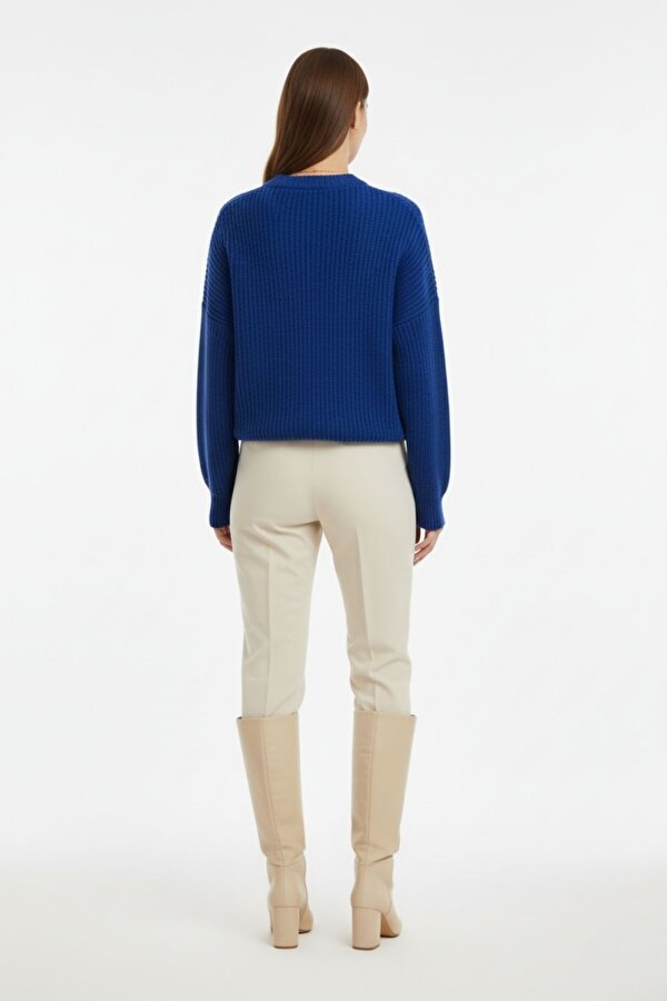 Ekstra Oversize Düşük Kollu Selanik Örgü Saks Mavi Kazak