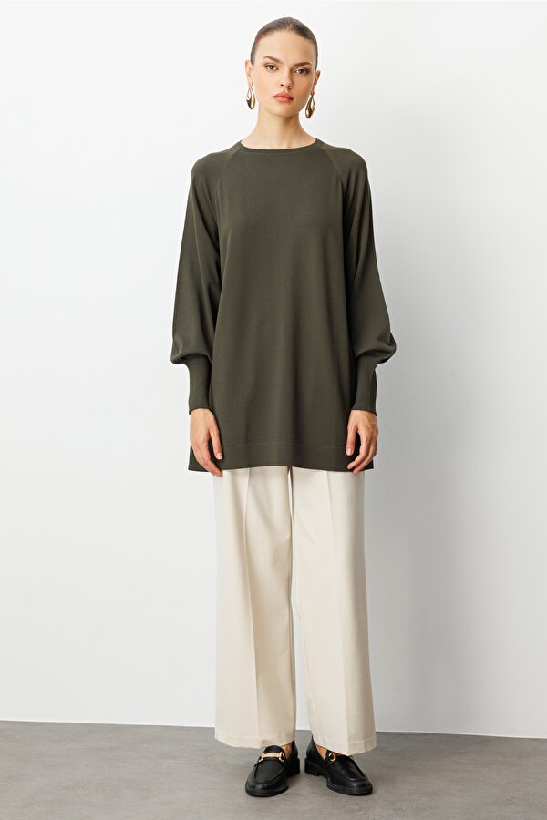 Yuvarlak Yaka Balon Kollu Haki Rayon Tunik