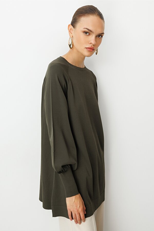 Yuvarlak Yaka Balon Kollu Haki Rayon Tunik