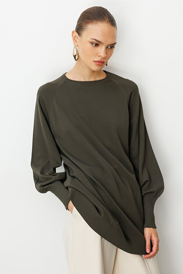 Yuvarlak Yaka Balon Kollu Haki Rayon Tunik