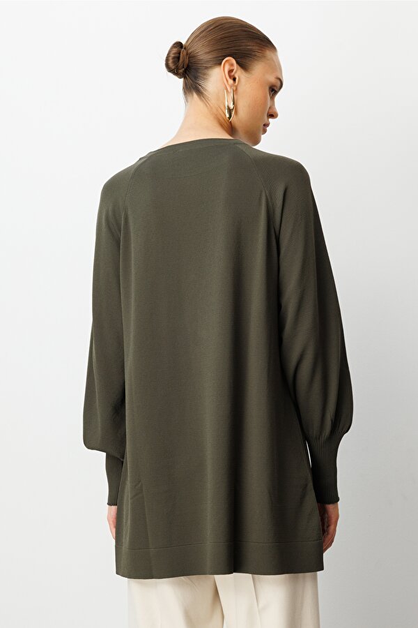 Yuvarlak Yaka Balon Kollu Haki Rayon Tunik