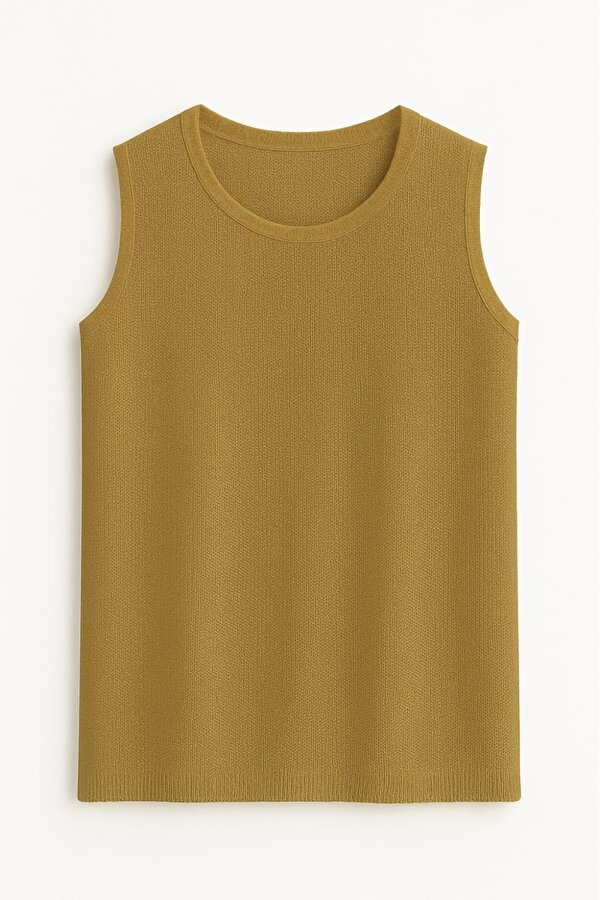 Haki Yuvarlak Yaka Rayon Örme Kolsuz Uzun Triko Tunik