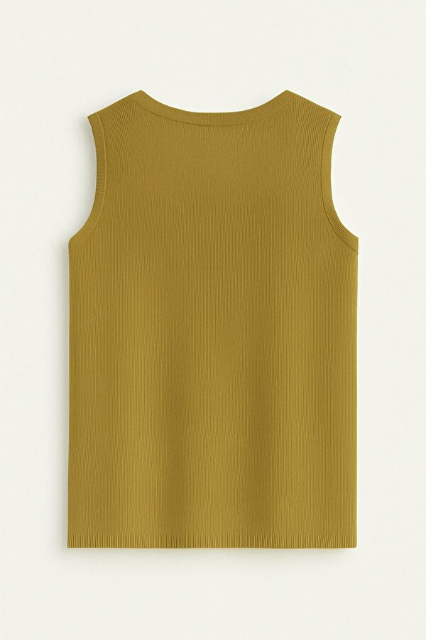 Haki Yuvarlak Yaka Rayon Örme Kolsuz Uzun Triko Tunik