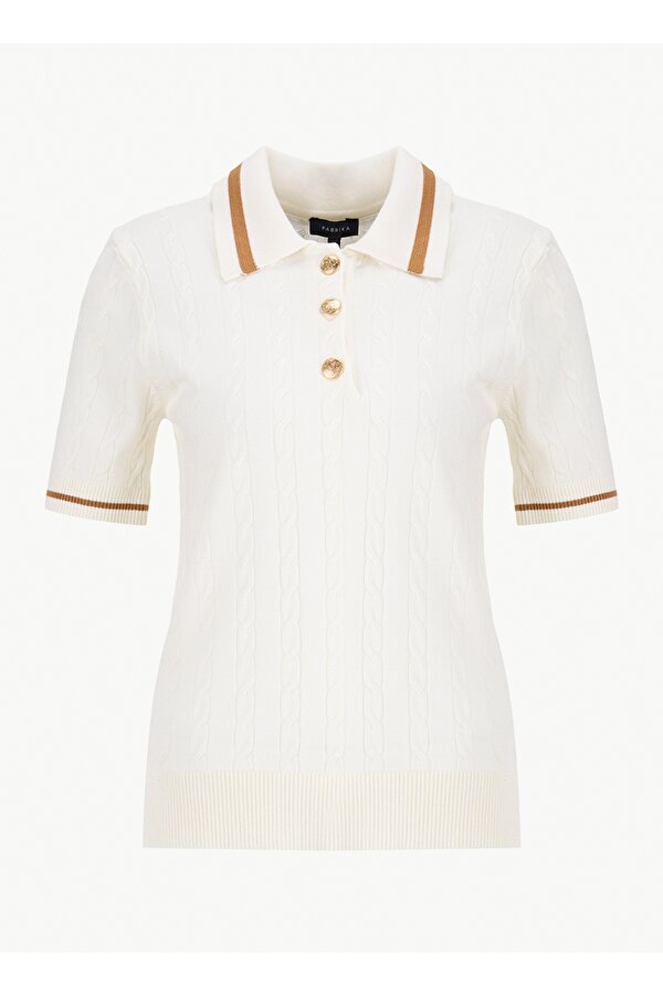 Polo Yaka Regular Fit Saç Örgü Desenli Ekru Kazak Kadın F6SL-KZK0058