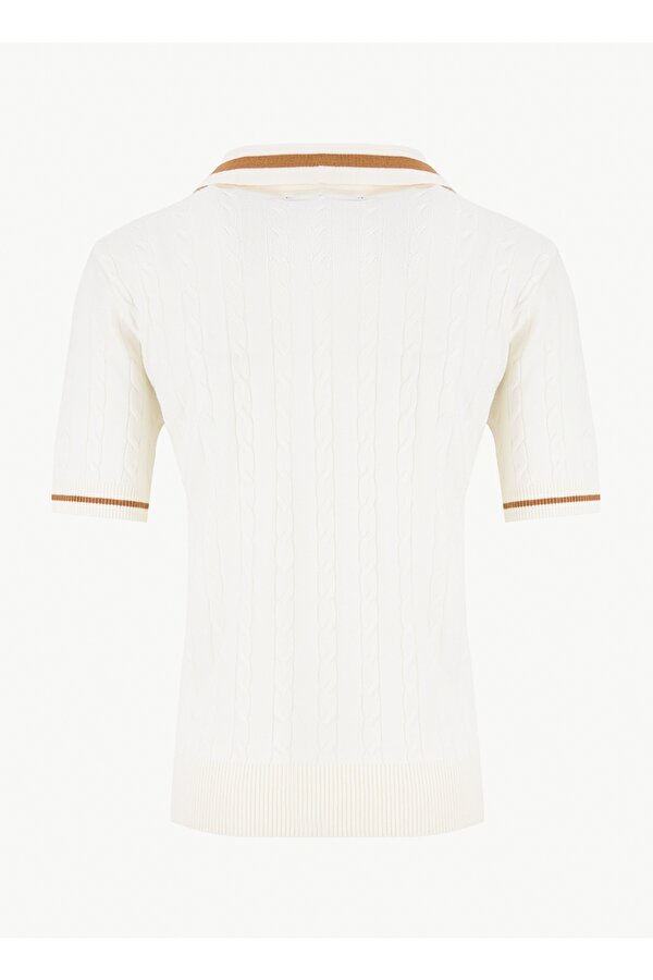 Polo Yaka Regular Fit Saç Örgü Desenli Ekru Kazak Kadın F6SL-KZK0058