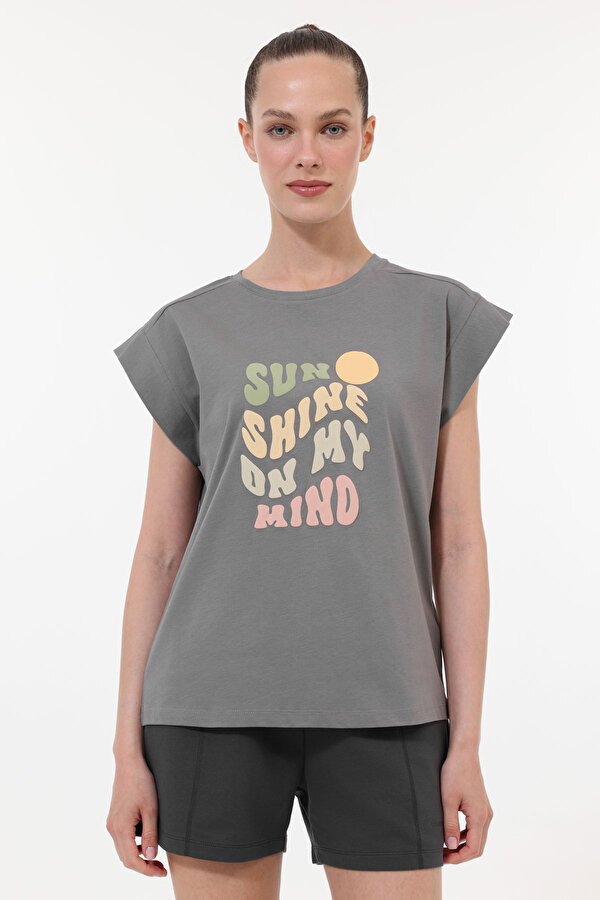 WL GOSIA 11MS201 5FX Gri Kadın Kısa Kol T-Shirt - 2. Ürüne %50 İndirim