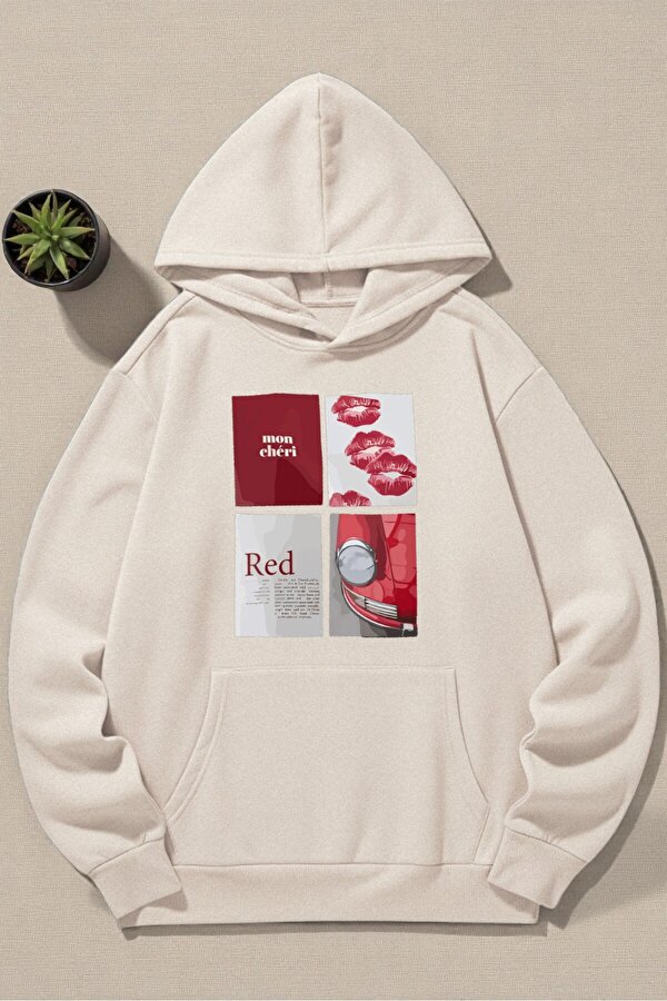 Unisex Red Mon Cheri Baskılı kapüşonlu Sweatshirt - 3 Al 1 Öde
