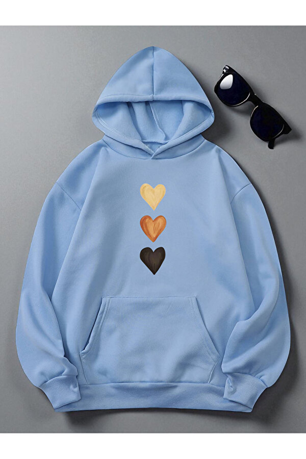 Unisex Sirali Kalp Baskılı Oversize Sweatshirt - 3 Al 1 Öde