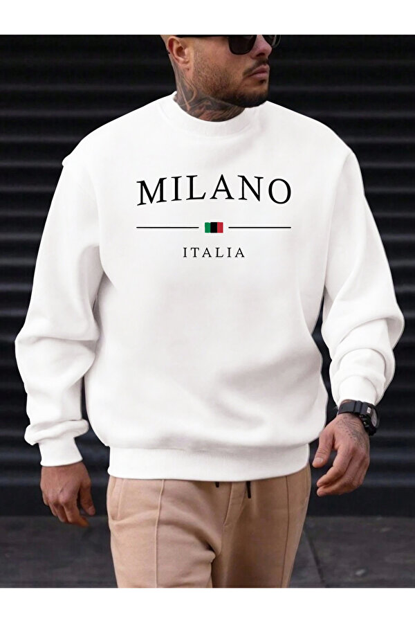 Unisex Milano Italıa Tasarım Baskılı Bisiklet Yaka Sweatshirt - 3 Al 1 Öde