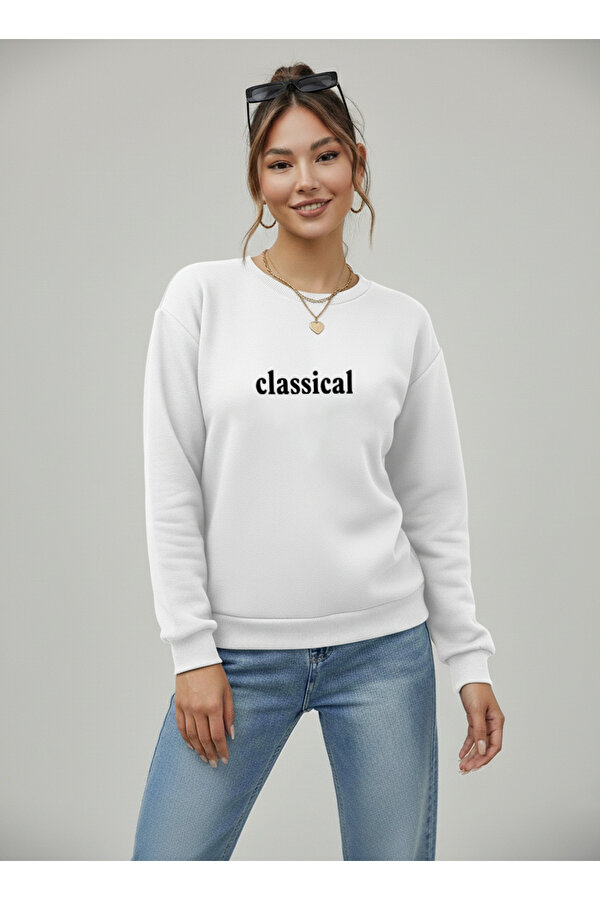 Unisex Classical Baskılı Oversize Bisiklet Yaka Sweatshirt - 3 Al 1 Öde