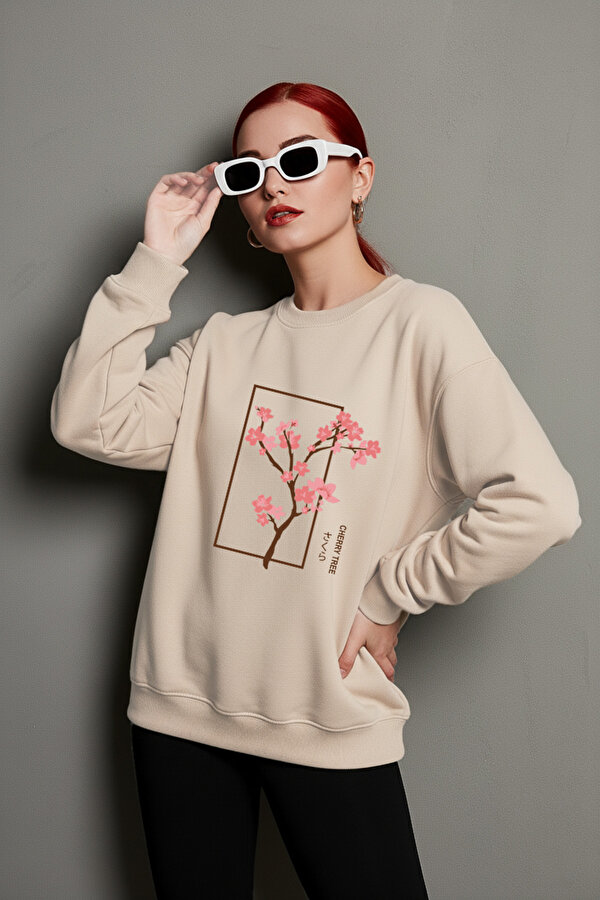 Unisex Cherry Tree Baskılı Oversize Bisiklet Yaka Sweatshirt - 3 Al 1 Öde