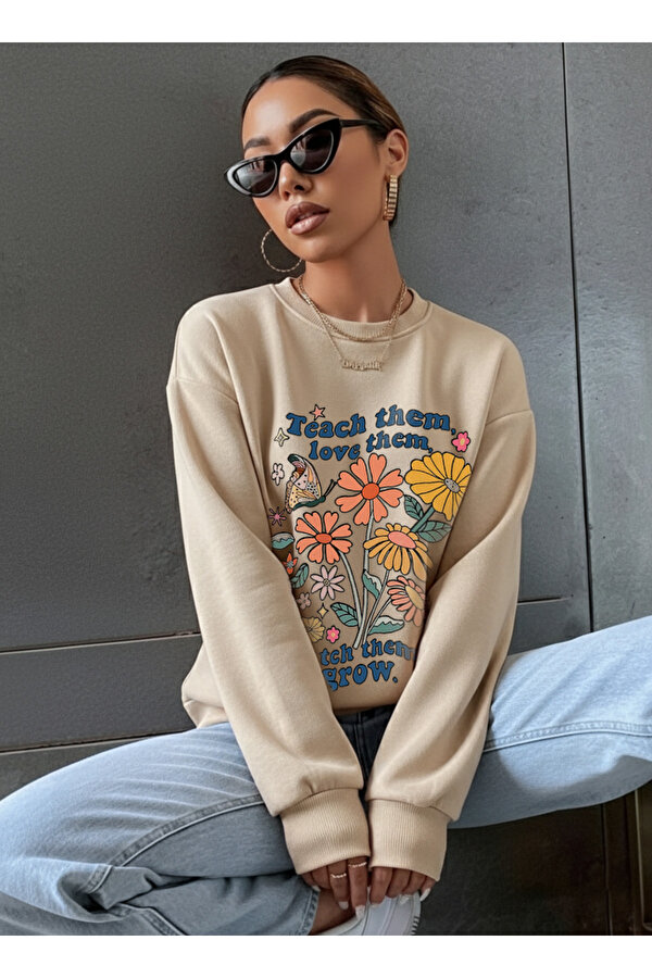 Unisex Teach them love them Baskılı Oversize Bisiklet Yaka Sweatshirt - 3 Al 1 Öde