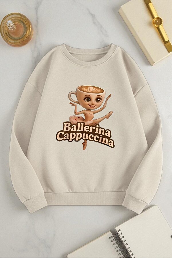 Unisex Ballerina Cappucina Baskılı Oversize Bisiklet Yaka Sweatshirt - 3 Al 1 Öde
