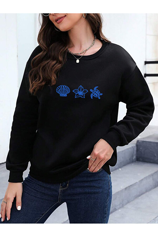 Unisex Deniz Kabukları Tasarım Basklı Bİsiklet Yaka Sweatshirt - 3 Al 1 Öde