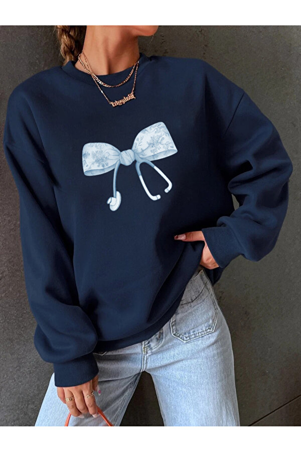 Unisex Fiyonk & Steteskop Tasarım Basklı Bisiklet Sweatshirt - 3 Al 1 Öde
