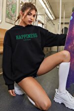 Unisex Oversize Happiness Baskılı Sweatshirt - 3 Al 1 Öde