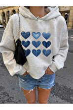 Unisex Jean Desenli Kalp Baskılı Tasarım Oversize Sweatshirt - 3 Al 1 Öde