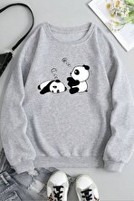 Unisex Uykucu Panda Baskılı Bisiklet Yaka Sweatshirt - 3 Al 1 Öde