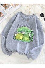 Unisex Sevimli Kurbagalar Baskılı Oversize Sweatshirt - 3 Al 1 Öde
