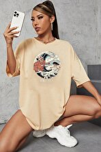 Unisex Kanagawa Oki Nami Ura Baskılı T-shirt - FLO 3 Al 1 Öde