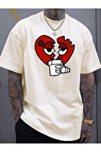 Unisex Kırık Kalp bardak Baskılı Oversize Tshirt - FLO 3 Al 1 Öde