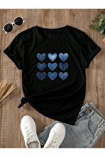 Unisex Jean Desenli Kalp Tasarım Basklı Tshirt - 3 Al 1 Öde