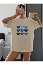 Unisex Jean Desenli Kalp Tasarım Basklı Tshirt - 3 Al 1 Öde