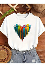 Unisex Sevimli Kedi Patili Kalp Tasarım Basklı Tshirt - 3 Al 1 Öde
