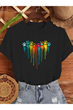 Unisex Sevimli Kedi Patili Kalp Tasarım Basklı Tshirt - FLO 3 Al 1 Öde
