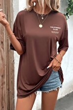 Unisex Lacivert Yaka Kol Detaylı California Club Baskılı Oversize T-shirt - 3 Al 1 Öde
